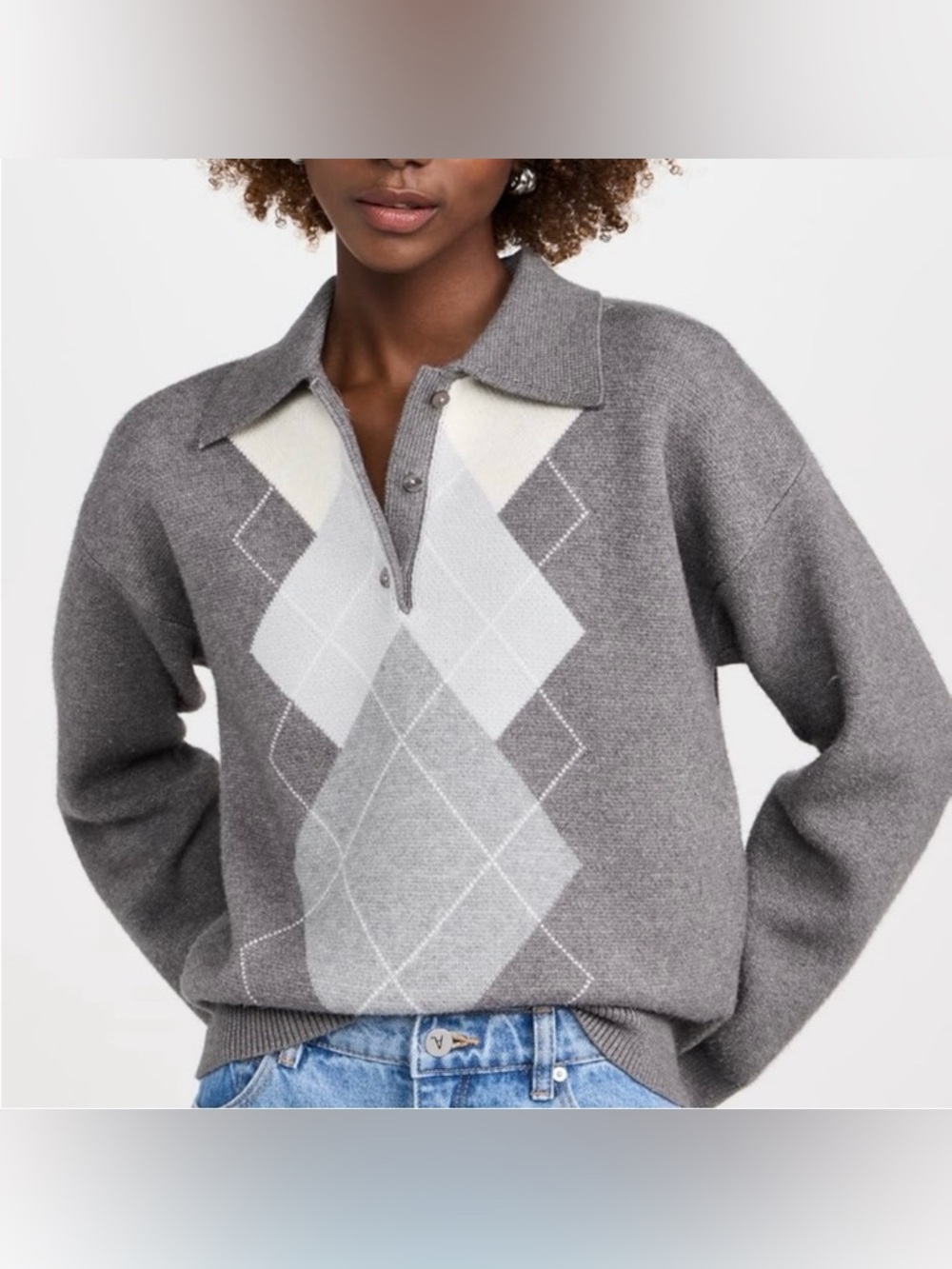 English Factory Grey Argyle Knit Sweater Polo Top - Picture 3 of 7